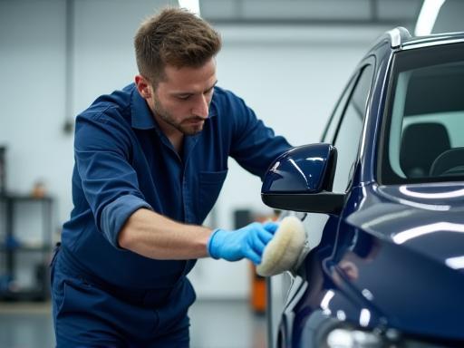 Belgium Auto Spa team member polishing a car.